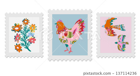 A set of three spring postage stamps. Festive, bright Easter motifs with folk art. Vector isolated elements. A set of three spring postage stamps. Festive, bright Easter motifs with folk art. Vector isolated elements. 137114236