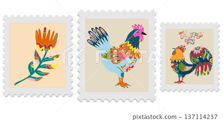A set of three spring postage stamps. Festive, bright Easter motifs with folk art. Vector isolated elements. A set of three spring postage stamps. Festive, bright Easter motifs with folk art. Vector isolated elements. 137114237