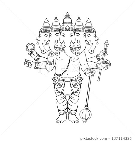 Line art illustration of Pancha Mukhi Ganesha with five heads and multiple arms, Hindu elephant god of success and wisdom, black and white vector sketch for spiritual coloring page and design 137114325