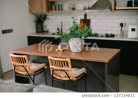 Modern Kitchen Island with Stylish Bar Stools and Green Plant Decor Modern Kitchen Island with Stylish Bar Stools and Green Plant Decor 137114811