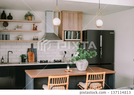 Modern Minimalist Kitchen Interior with Stylish Island and Decor 137114813