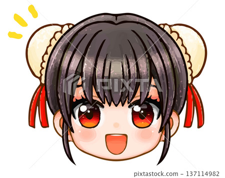 Chinese girl with bun hair, chibi character face icon illustration material 137114982
