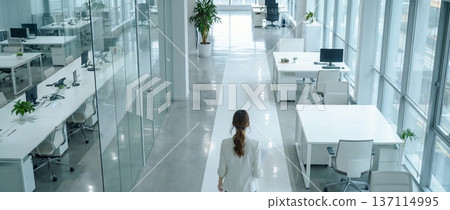 一位女商務人士在明亮的辦公室裡行走,鏡頭從背後拍攝。 一位女商務人士在明亮的辦公室裡行走,鏡頭從背後拍攝。 137114995