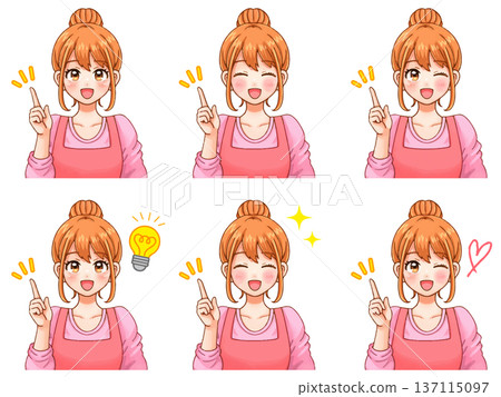 Illustration material set of a cute nursery teacher in an apron pointing and explaining Illustration material set of a cute nursery teacher in an apron pointing and explaining 137115097