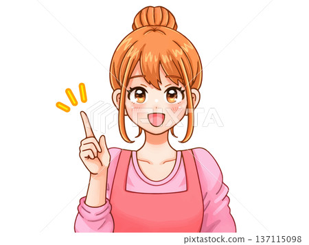 插畫素材：一位穿著圍裙的可愛幼兒園老師指著東西講解。 137115098