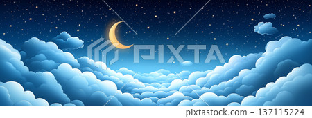 Night sky fantasy with crescent moon and stars in a dreamy cloudscape 137115224