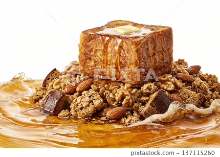 French Toast Cube with Granola and Dynamic Syrup Splash French Toast Cube with Granola and Dynamic Syrup Splash 137115260