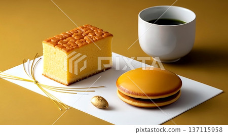 a perfect castella cake slice, and a glossy dorayaki with a perfectly smooth, a single gold-dusted almond, a plain ceramic cup of matcha, in a deep golden yellow, cream  137115958
