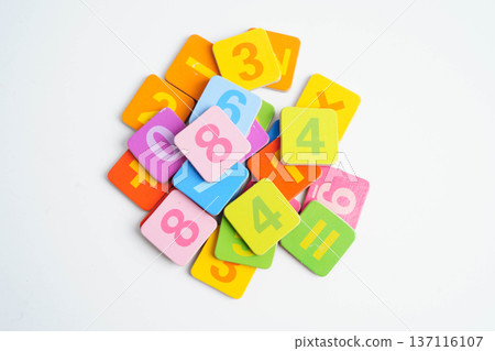 Number wood block cubes for learning Mathematic, education math concept. 137116107