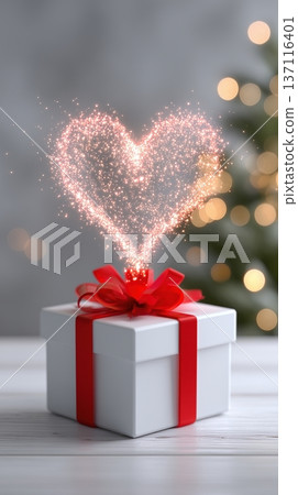 White gift box with red ribbon and glowing heart shaped sparkles rising from the bow on wooden table 137116401