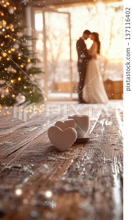 Winter Wedding Warmth: Hearts and Coffee on a Snowy Table 137116402