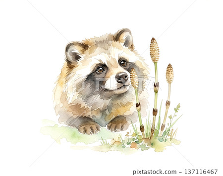 白色背景上的可愛浣熊水彩插畫，正凝視著馬尾。 137116467