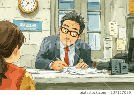 銀行櫃檯男職員解說文件 | 金融流程與顧問服務圖片 銀行櫃檯男職員解說文件 | 金融流程與顧問服務圖片 137117059