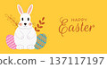 Easter banner featuring a cute bunny and decorative eggs on a bright background is a festive illustration for cards, greetings, social media, advertising, and spring design 137117197