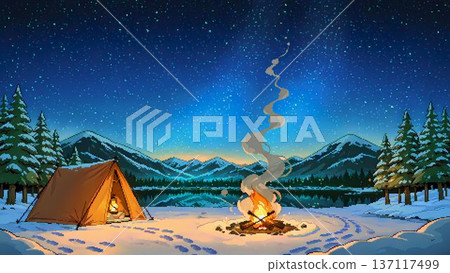 雪山中篝火和帳篷的像素藝術插圖 137117499