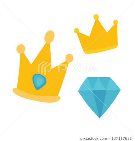 Golden crown with blue gemstone and royal accents, luxury monarchy symbol illustration for birthday parties, fairy tale themes and regal branding 137117651