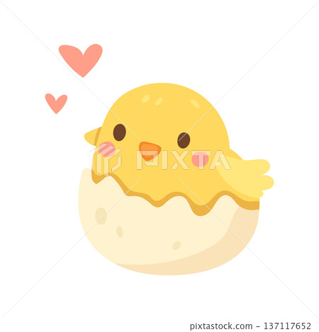 Adorable yellow chick hatching from eggshell with hearts, sweet spring farm animal clipart ideal for baby shower, nursery decor and seasonal crafts Adorable yellow chick hatching from eggshell with hearts, sweet spring farm animal clipart ideal for baby shower, nursery decor and seasonal crafts 137117652