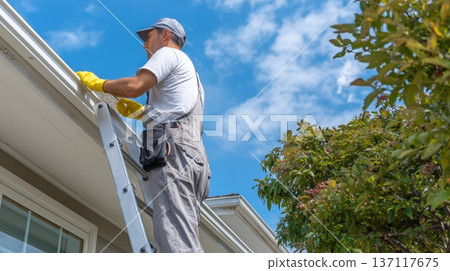 Worker cleaning gutters on a residential house under the blue sky during a sunny day in the afternoon Worker cleaning gutters on a residential house under the blue sky during a sunny day in the afternoon 137117675