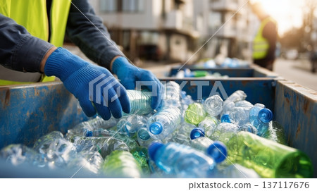 Workers sort and collect plastic bottles from a recycling bin in a urban area during the late afternoon Workers sort and collect plastic bottles from a recycling bin in a urban area during the late afternoon 137117676