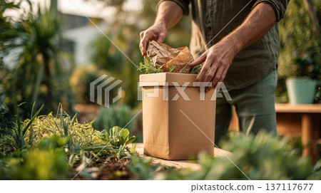 Person places garbage in a container in an outdoor area during daytime 137117677