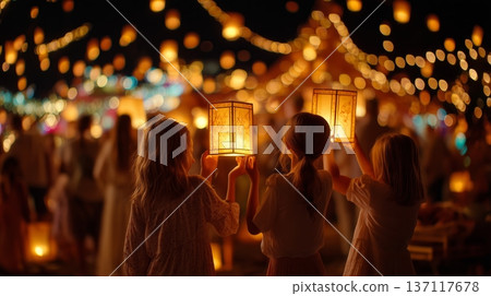 Children hold glowing lanterns at a night festival with colorful lights and decorations in a lively outdoor setting Children hold glowing lanterns at a night festival with colorful lights and decorations in a lively outdoor setting 137117678