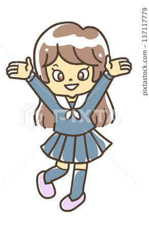 Female student raising both hands Female student raising both hands 137117779