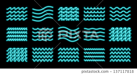 Set of blue neon wave line elements. Glowing wavy horizontal zigzag lines inspired by water symbols. Futuristic vector illustration on dark background. Set of blue neon wave line elements. Glowing wavy horizontal zigzag lines inspired by water symbols. Futuristic vector illustration on dark background. 137117818