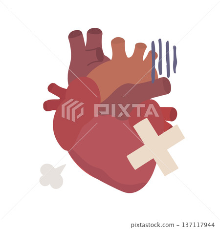 Illustration of an unhealthy-looking heart with a bandage attached Illustration of an unhealthy-looking heart with a bandage attached 137117944