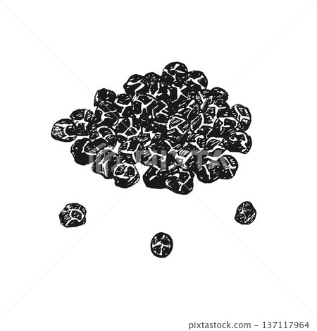 Dried black pepper peppercorns heap with individual peas. Vector graphic illustration. Hand drawn traditional spicy ingredient for food packaging and organic spice for cooking and seasoning Dried black pepper peppercorns heap with individual peas. Vector graphic illustration. Hand drawn traditional spicy ingredient for food packaging and organic spice for cooking and seasoning 137117964
