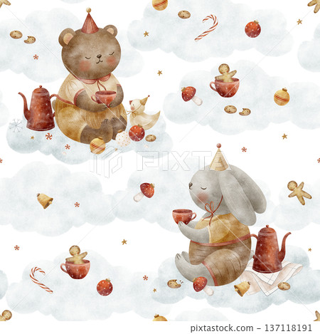 Pattern bear, rabbit, fox. Christmas cookies, gingerbread man, teapot, cup in snowdrift, snow, clouds. Watercolor illustrations of animals hare, cat in childish style. Print hand-drawn background 137118191