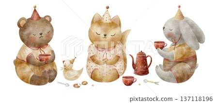 Rabbit, fox, bear at tea party, teapot, cup, cookies. Watercolor animal illustration set hare, cat, squirrel in retro children's style. Hand-drawn on an isolated background for card design Christmas Rabbit, fox, bear at tea party, teapot, cup, cookies. Watercolor animal illustration set hare, cat, squirrel in retro children's style. Hand-drawn on an isolated background for card design Christmas 137118196