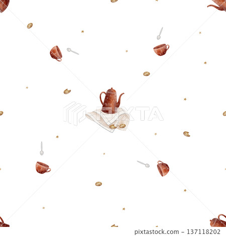 Pattern Christmas cookies, teapot, red cup. Watercolor illustrations of tableware in childish style. Seamless print hand-drawn on isolated background for textiles, baby clothes, wallpaper, packaging 137118202