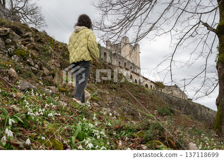 Woman walking uphill among blooming snowdrops toward Anacopia fortress ruins in Abkhazia under cloudy sky, Travel lifestyle scene suitable for tourism marketing, spring season campaigns Woman walking uphill among blooming snowdrops toward Anacopia fortress ruins in Abkhazia under cloudy sky, Travel lifestyle scene suitable for tourism marketing, spring season campaigns 137118699