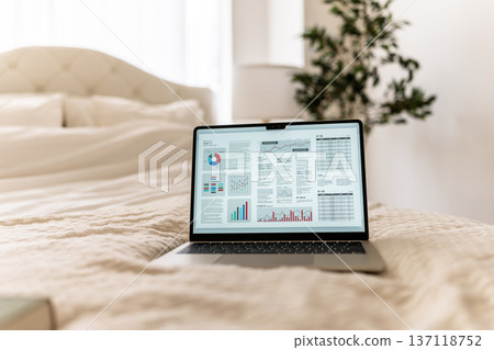 Laptop on bed 137118752