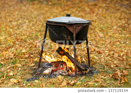 Traditional pot cooking in autumn park Traditional pot cooking in autumn park 137119154
