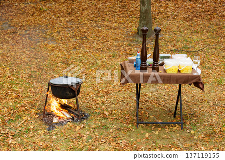 Outdoor cooking setup with table and cauldron Outdoor cooking setup with table and cauldron 137119155