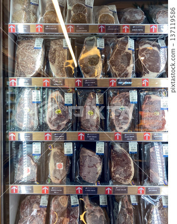 Jakarta, Indonesia - February 08 2026: Various cuts of premium beef ranging from Wagyu A5 to Black Angus in vacuum packaging in GrandLucky freezer. Jakarta, Indonesia - February 08 2026: Various cuts of premium beef ranging from Wagyu A5 to Black Angus in vacuum packaging in GrandLucky freezer. 137119586