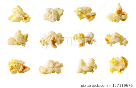 Popcorn pieces scattered on white background Popcorn pieces scattered on white background 137119676
