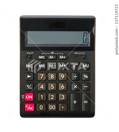 Black electronic calculator displaying zero on digital screen Black electronic calculator displaying zero on digital screen 137119723