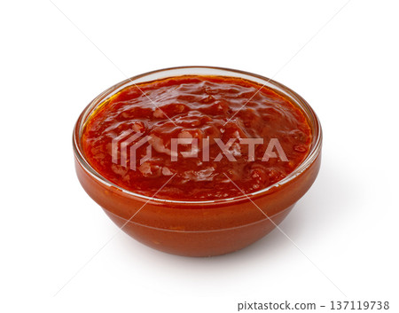 Red tomato sauce in glass bowl isolated Red tomato sauce in glass bowl isolated 137119738