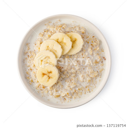 Oatmeal porridge with banana slices healthy breakfast isolated Oatmeal porridge with banana slices healthy breakfast isolated 137119754