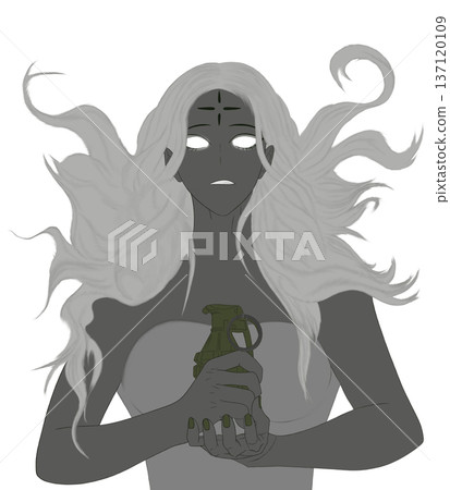Ethereal Dark Fantasy Woman with Glowing Eyes Holding a Grenade. Ethereal Dark Fantasy Woman with Glowing Eyes Holding a Grenade. 137120109