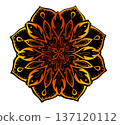 The graceful mandala pattern with a smooth transition from bright yellow to rich red creates a harmonious combination of colors. This symmetrical painting exudes elegance and balance. 137120112