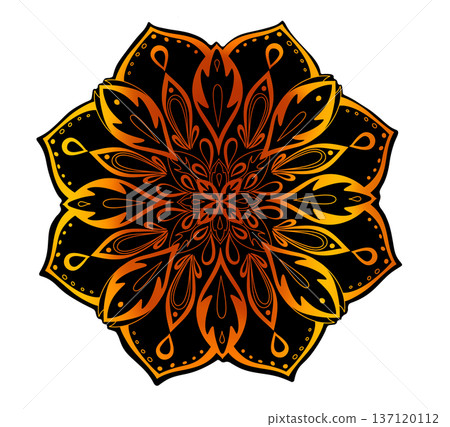 The graceful mandala pattern with a smooth transition from bright yellow to rich red creates a harmonious combination of colors. This symmetrical painting exudes elegance and balance. The graceful mandala pattern with a smooth transition from bright yellow to rich red creates a harmonious combination of colors. This symmetrical painting exudes elegance and balance. 137120112