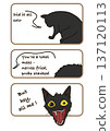 Humorous comic strip of a black cat expressing chaotic self-pride in three panels. Playful and expressive design perfect for memes, posters, or digital illustrations. 137120113
