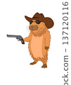 Funny illustration of a capybara dressed as a cowboy, wearing sunglasses and holding a revolver. A quirky and humorous animal design 137120116