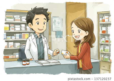 女顧客在藥局櫃檯領取藥品 | 配藥及用藥說明圖片 137120237