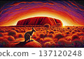 Kangaroo In Aboriginal Art Landscape At Sunset Over Red Deserts Of Uluru 137120248