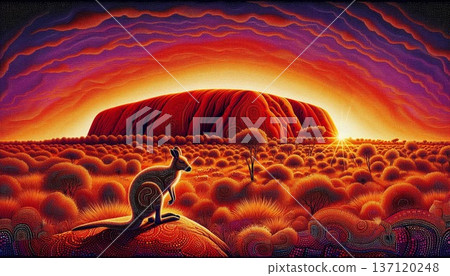 Kangaroo In Aboriginal Art Landscape At Sunset Over Red Deserts Of Uluru 137120248