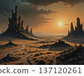 Desert Ruins at Sunset With an Abandoned Castle and Dramatic Dystopian Landscape 137120261